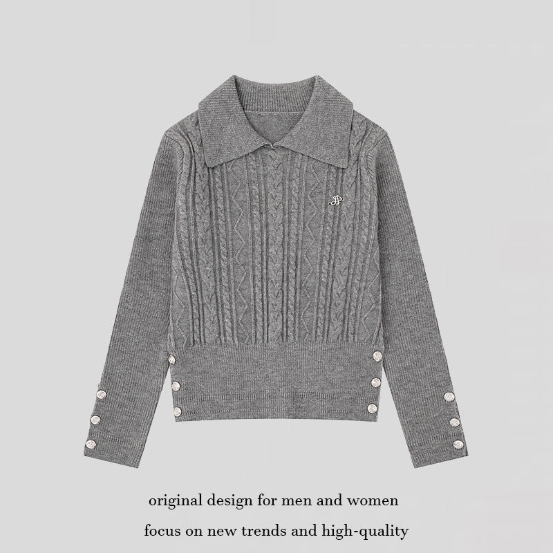 Women's fine knit polo sweater with cable pattern, decorative button trim and tailored fit Chichicherry