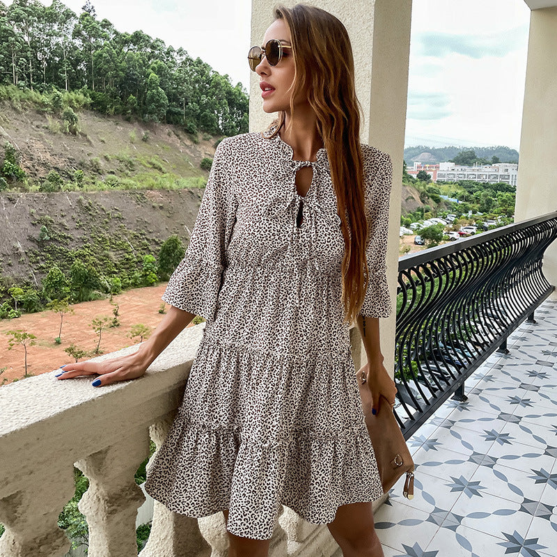 Women's Tiered Mini Dress with Ruffled Collar, Ties and Gathered Waistline