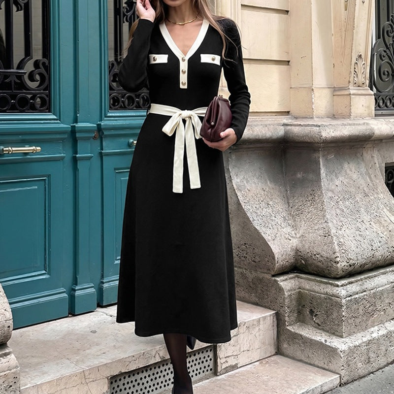 Women's Elegant A-Line Midi Dress with V-Neck, Decorative Button Placket, Contrast Piping & Tie Belt Chichicherry