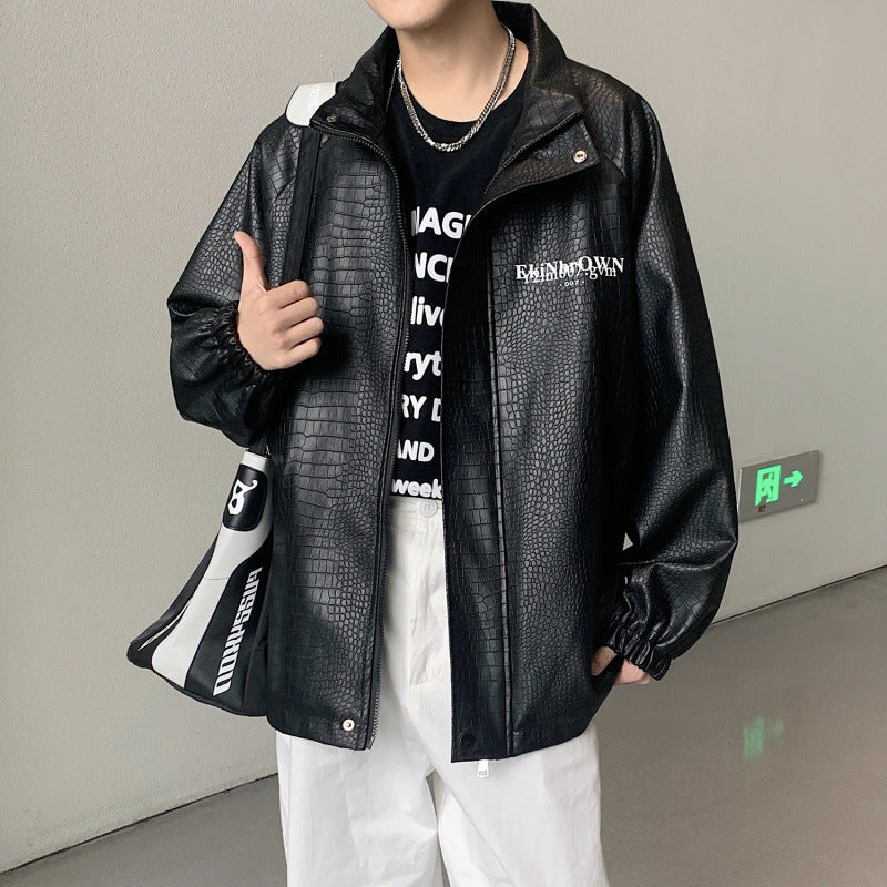 Herren Oversized Kunstlederjacke mit Krokodilprägung und Rückenlogo Chichicherry