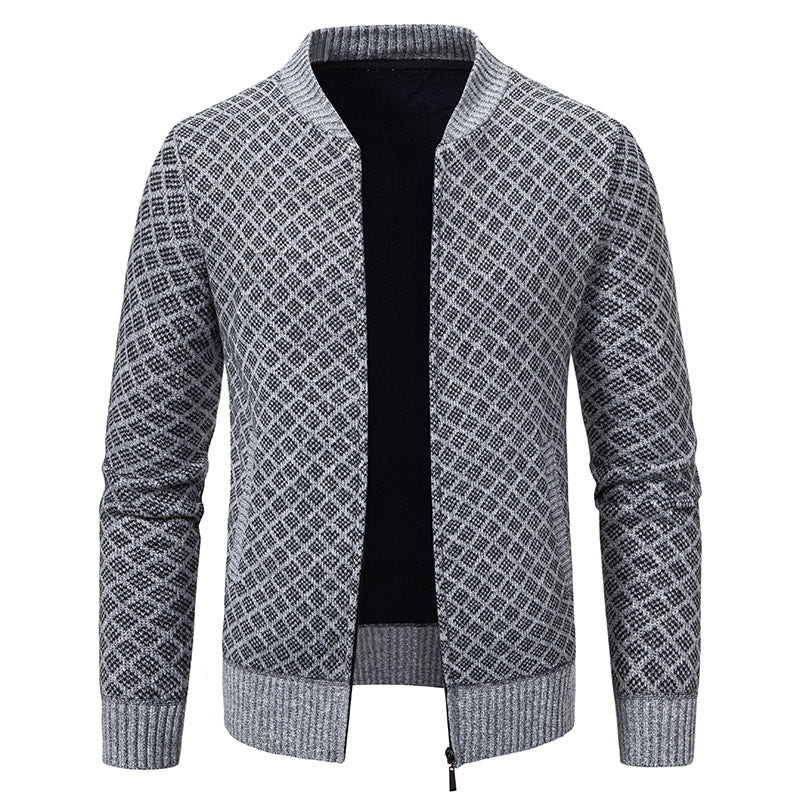 Men Tailored Jacquard Zip Cardigan with Diamond Structure and Pockets Chichicherry