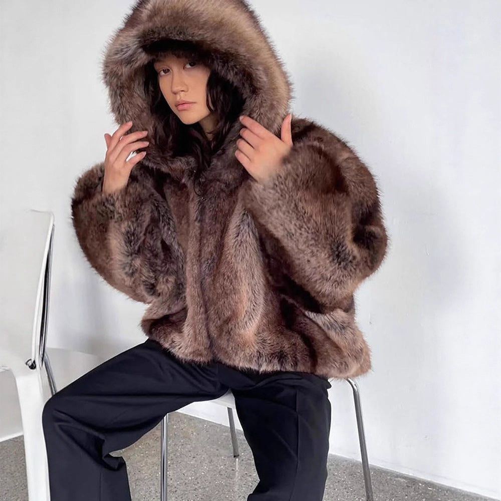 Women's Boxy Faux Fur Hoodie with Voluminous Hood and Loose Silhouette Chichicherry