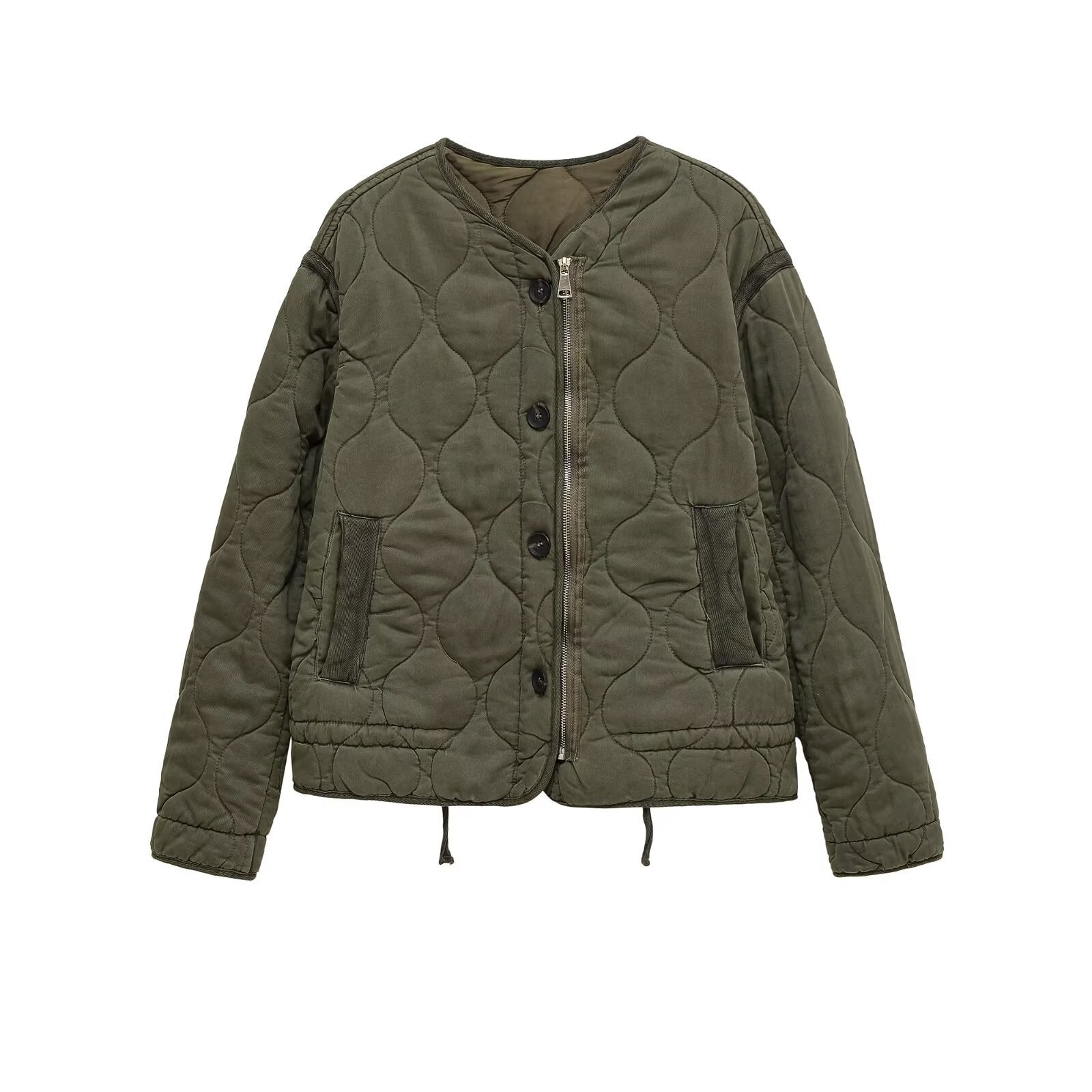 Women quilted transition jacket with zipper and button placket, round neck and drawstring Chichicherry