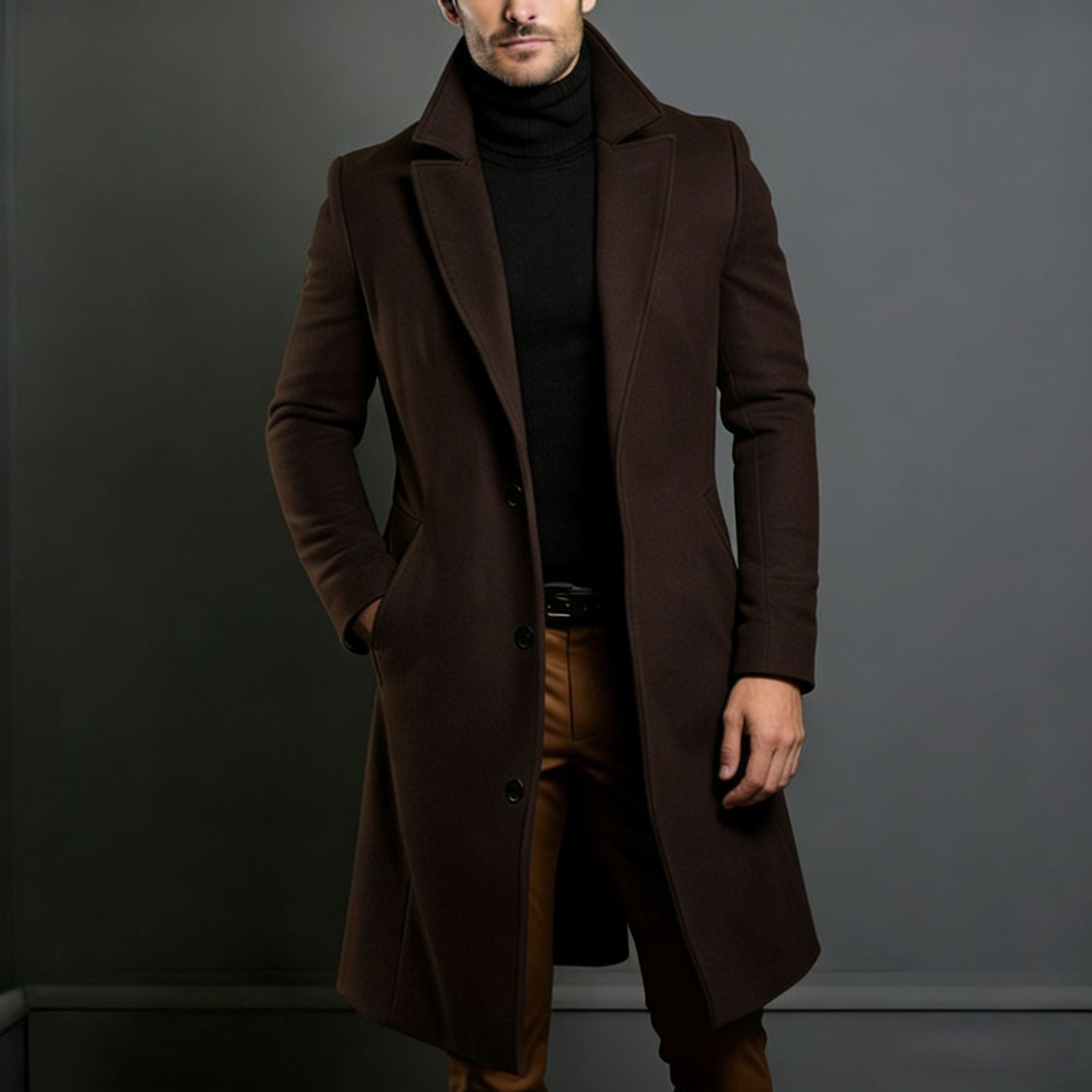Men's Elegant Single-Breasted Long Coat Made of Wool Blend with Slim Silhouette and Lapel Collar Chichicherry