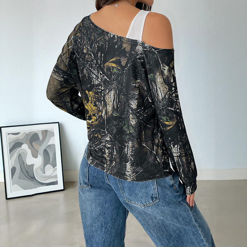 Women's Cropped Long Sleeve Off Shoulder Style with Allover Forest Print Chichicherry