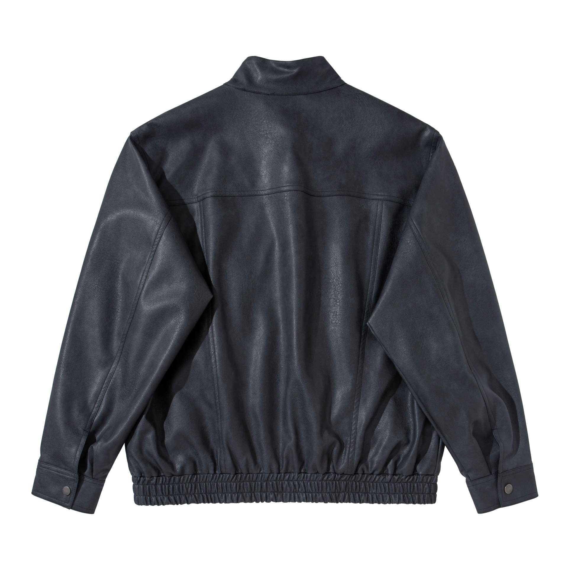 Men's vintage-inspired faux leather bomber jacket with funnel collar, flap pockets, and elastic hem Chichicherry