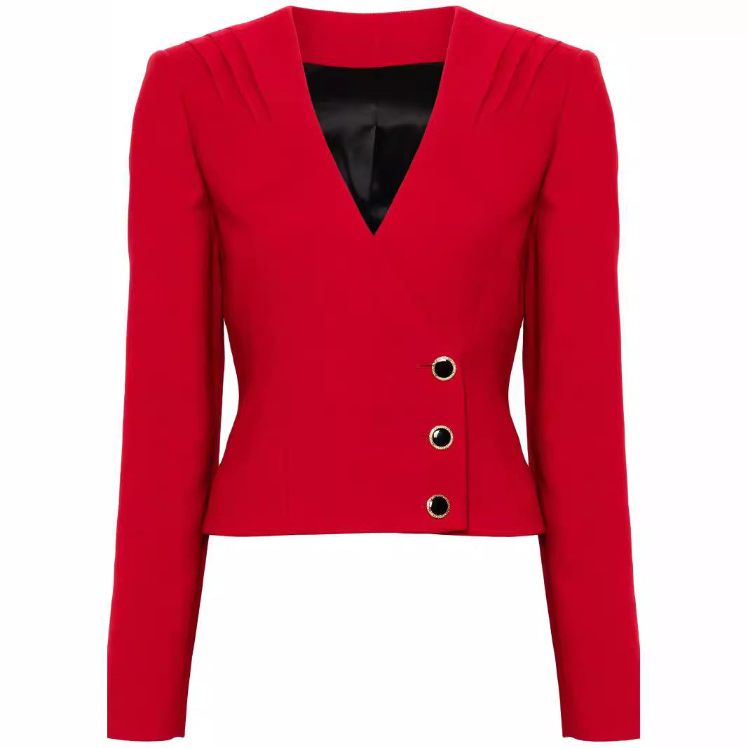 Ladies Two-Piece Blazer Top with V-Neck and Wrap Mini Skirt in Tailoring Look Chichicherry
