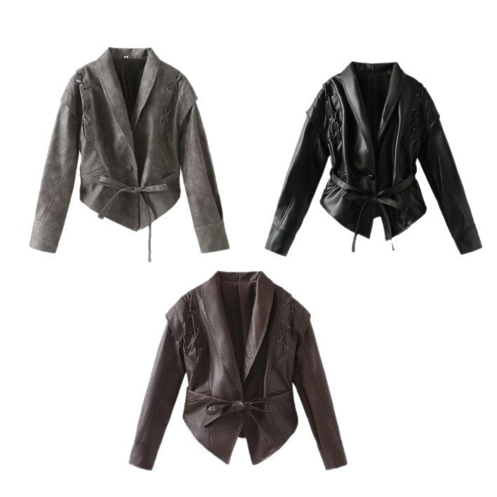 Women's short jacket made of suede imitation with wrap belt and lacing details Chichicherry