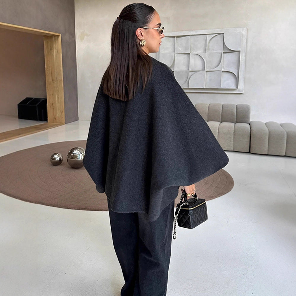 Women's Short Wool Blend Cape Jacket with Oversized Trumpet Sleeves Chichicherry