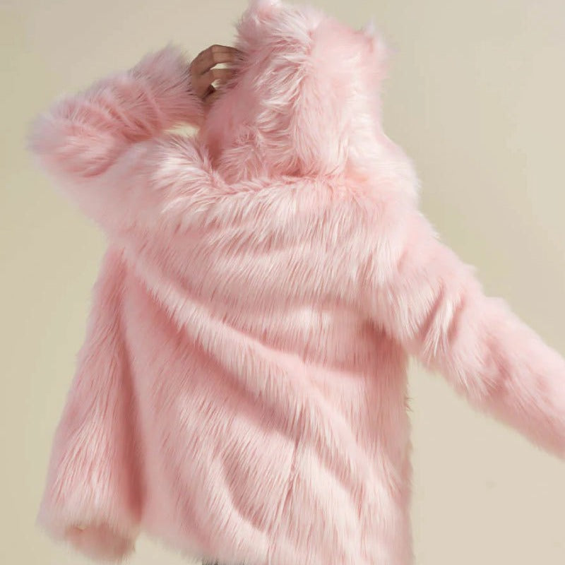 Women's Longer Hooded Faux Fur Coat with Animal Ears and Fluffy High Pile Chichicherry