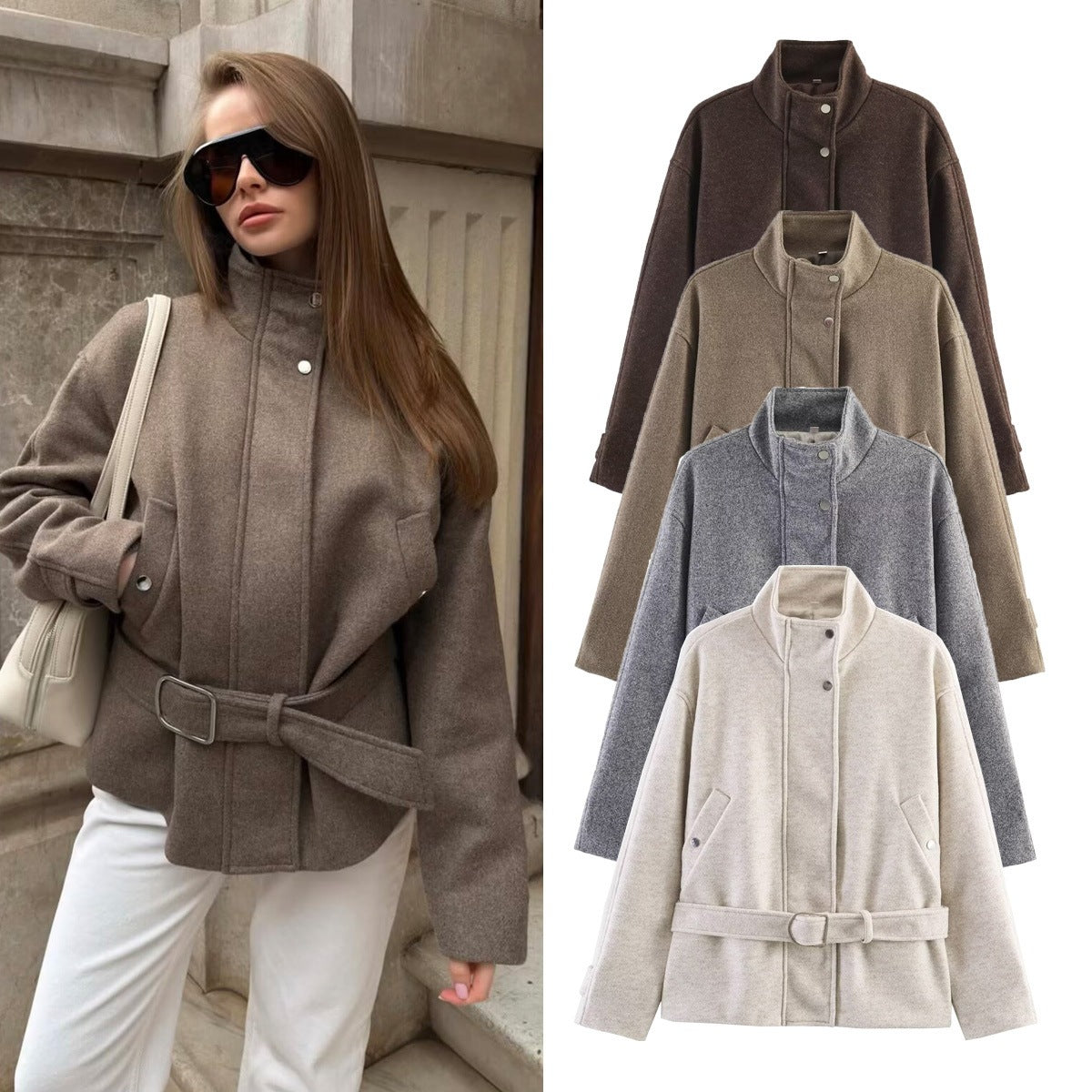 Women's Boxy Wool Jacket with Stand-Up Collar, Concealed Snap Button Placket and D-Ring Waist Belt Chichicherry