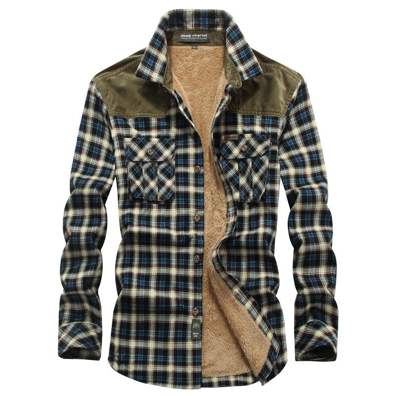 Men's Checked Fleece-Lined Flannel Shirt with Corduroy Shoulder Yoke Chichicherry
