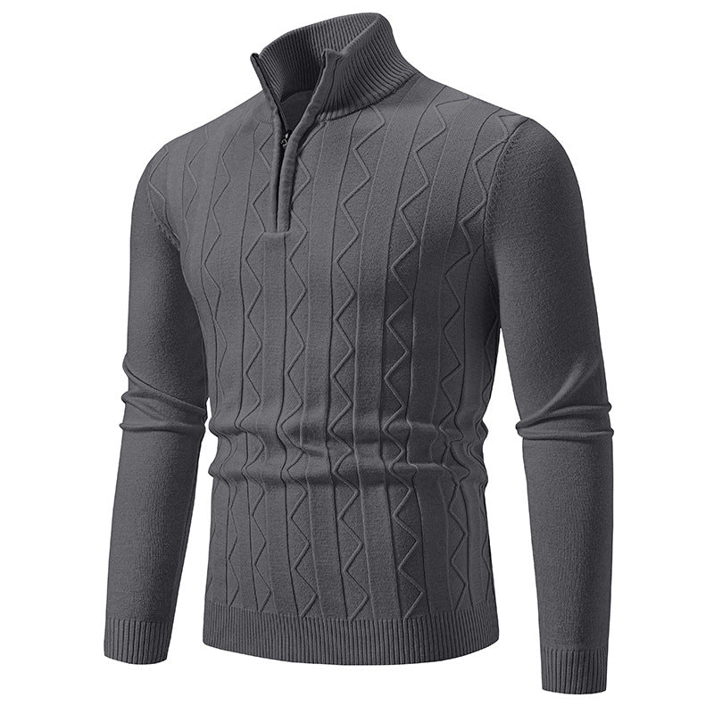 Men Slim-Fit Half-Zip Knit Sweater with Mock Neck, Cable Knit Pattern and Ribbed Cuffs Chichicherry