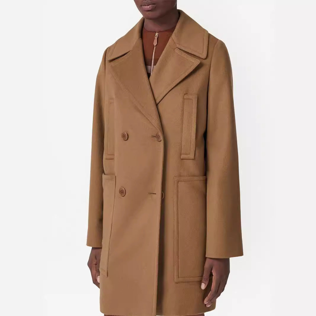 Women short coat in minimalist double-breasted wool blend with wide lapels Chichicherry