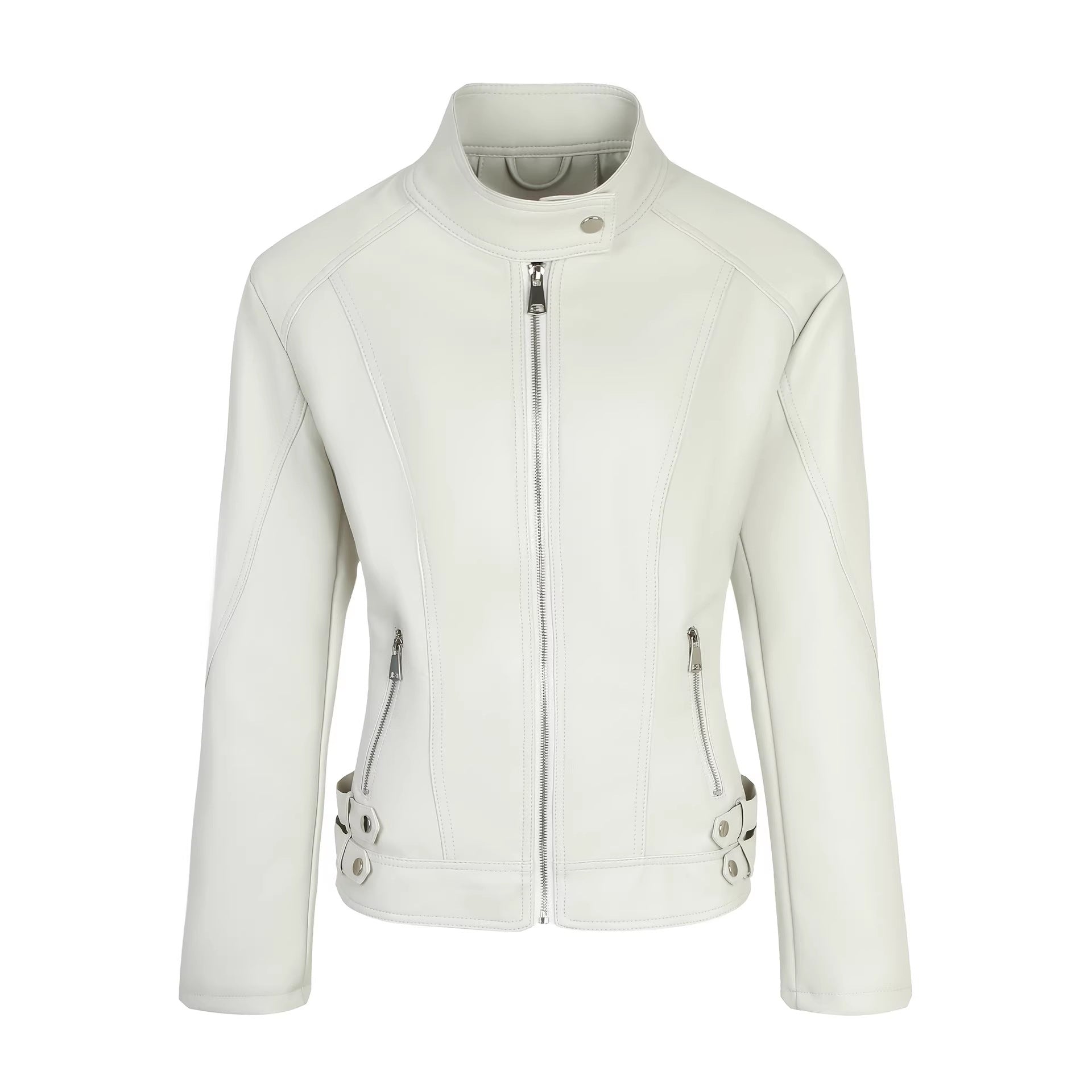 Ladies Tailored Faux Leather Biker Jacket with Stand-Up Collar, Vertical Decorative Seams and Side Buckle Straps Chichicherry