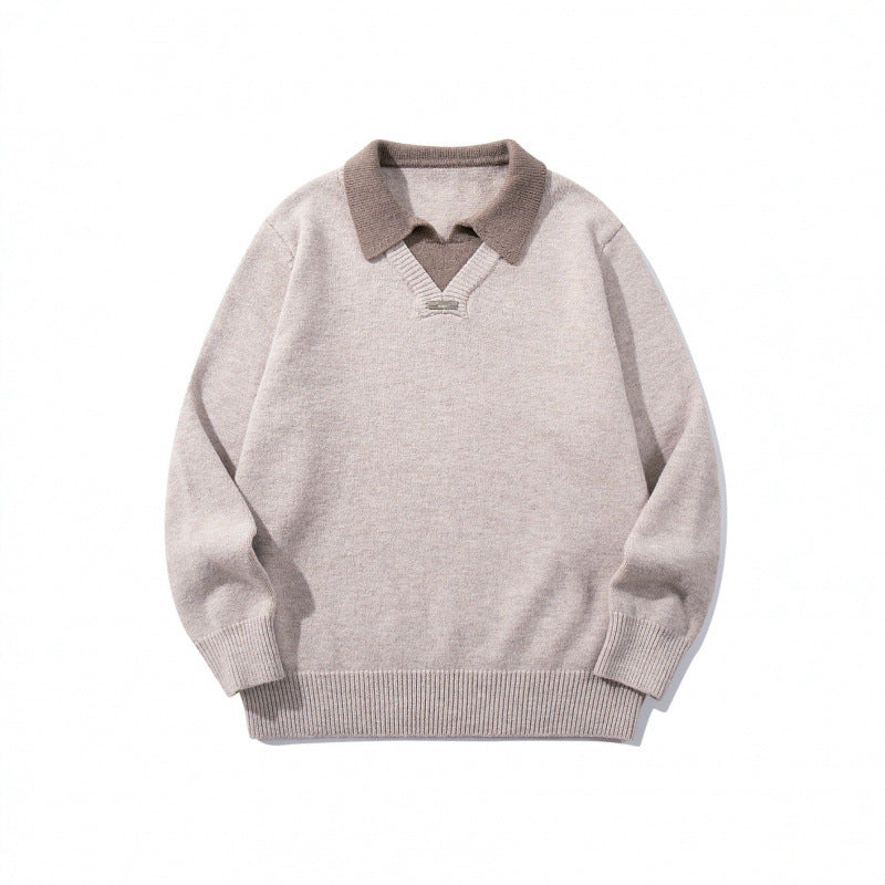Men's Relaxed Merino-Mix Knit Sweater with Contrasting Polo Collar and V-Detail Chichicherry