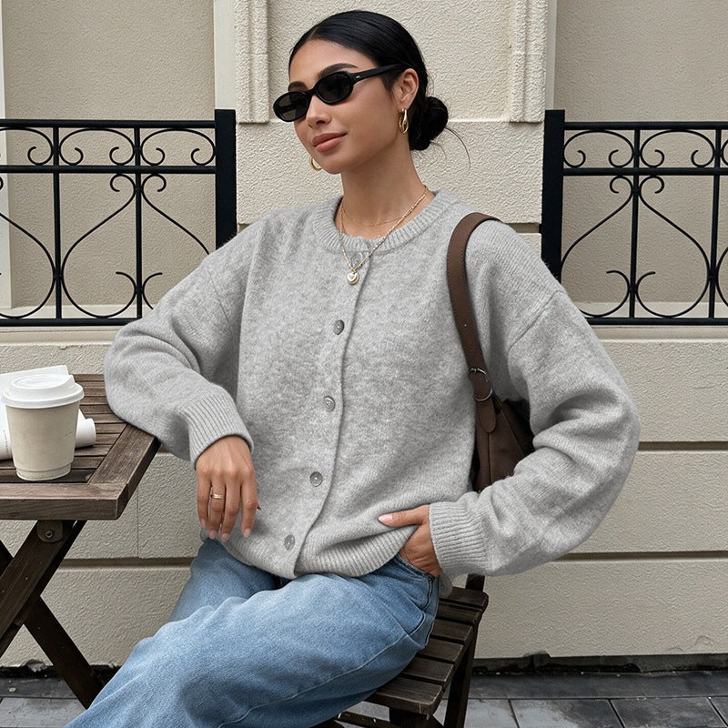 Women's Cropped Cozy Knit Cardigan with Round Neck, Pearl Button Placket, and Ribbed Finishes Chichicherry
