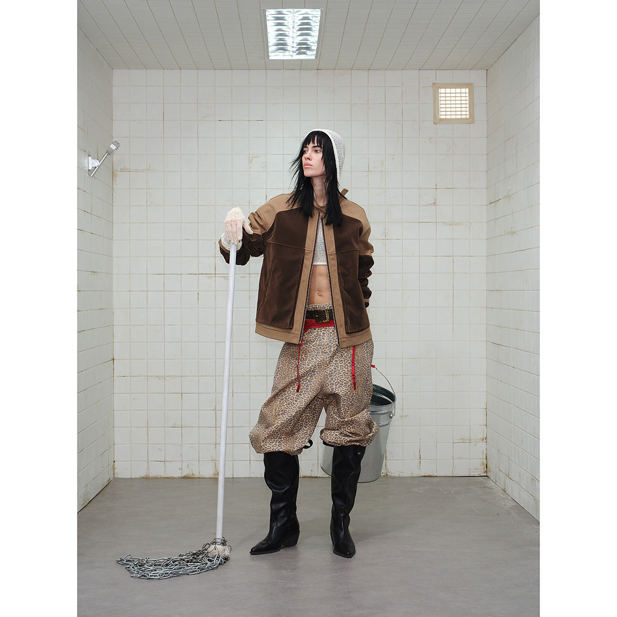 Men's short jacket in boxy-blouson style made of velour and canvas mix with high stand-up collar Chichicherry