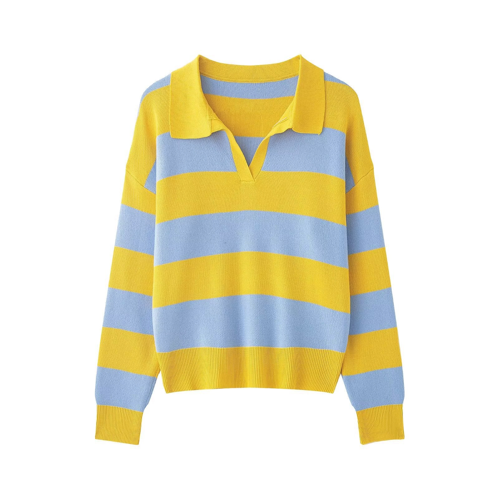 Women Striped Oversize Rugby Sweater with Polo Collar and V-Neck Chichicherry