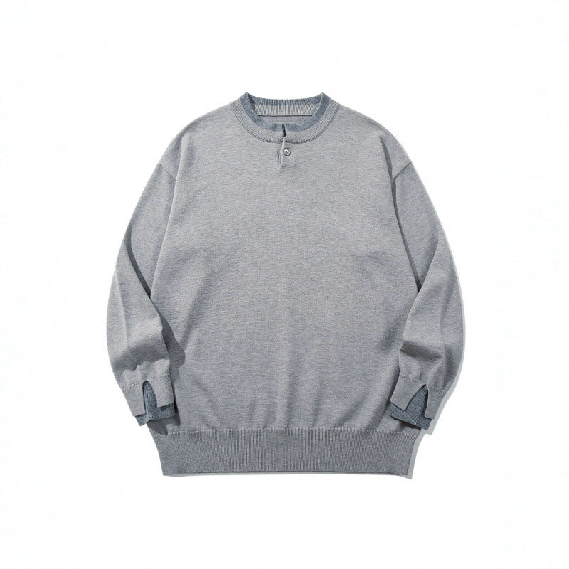 Unisex Oversize Fine Knit Sweater with Henley Button Placket and Slit Cuffs Chichicherry