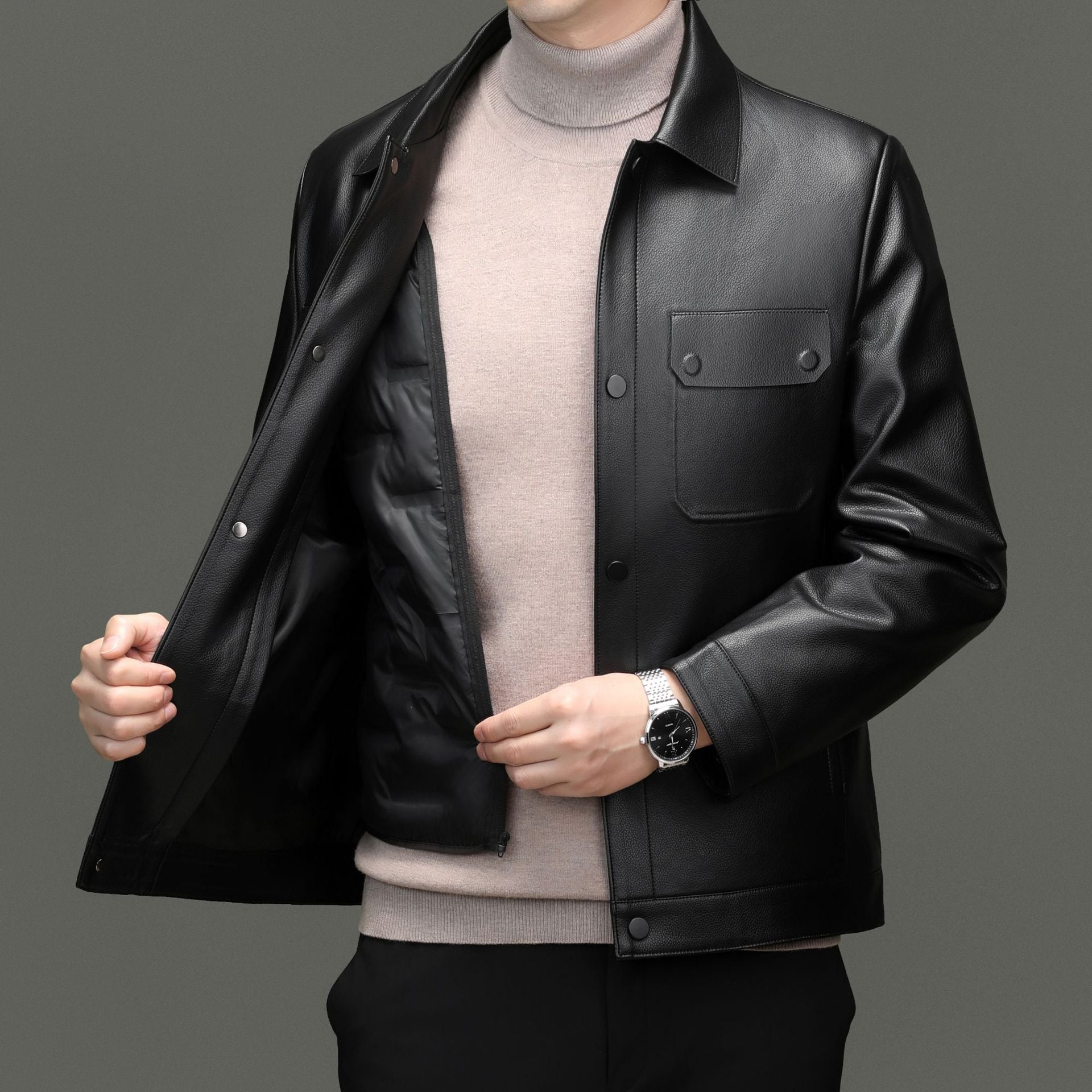 Men's leather jacket in shirt style with snap button closure and patched chest pockets Chichicherry