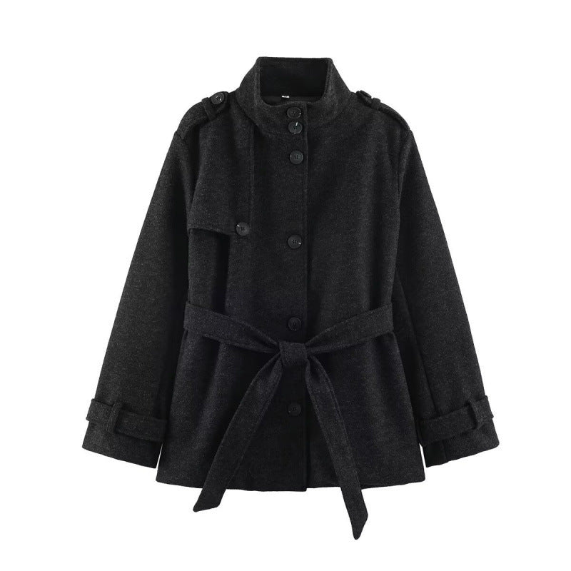 Women's short tailored coat jacket made of wool blend with standing collar, shoulder patches, and tie belt Chichicherry