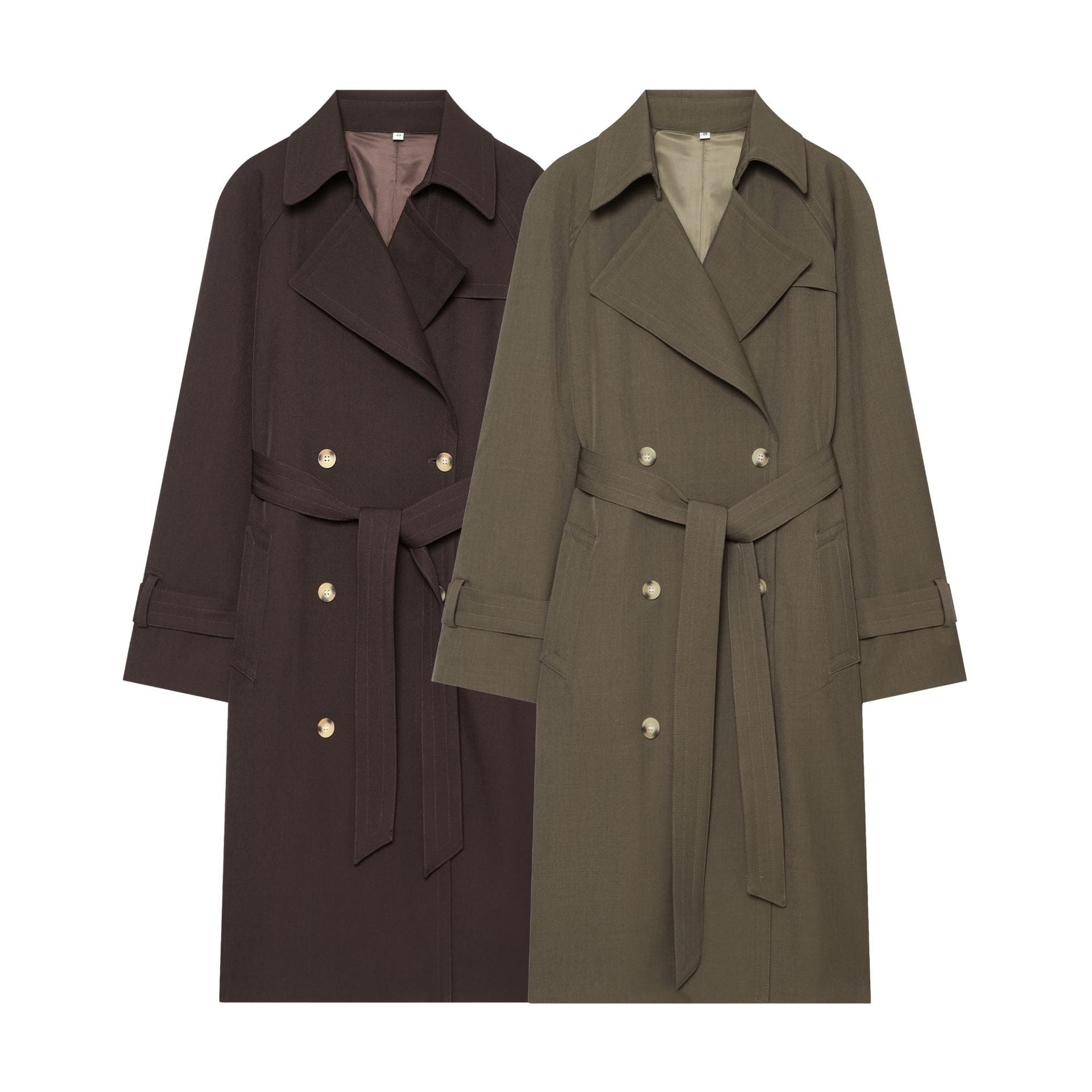 Women Mid-length Double-breasted Trench Coat with Wide Lapels and Waist Tie Belt Chichicherry