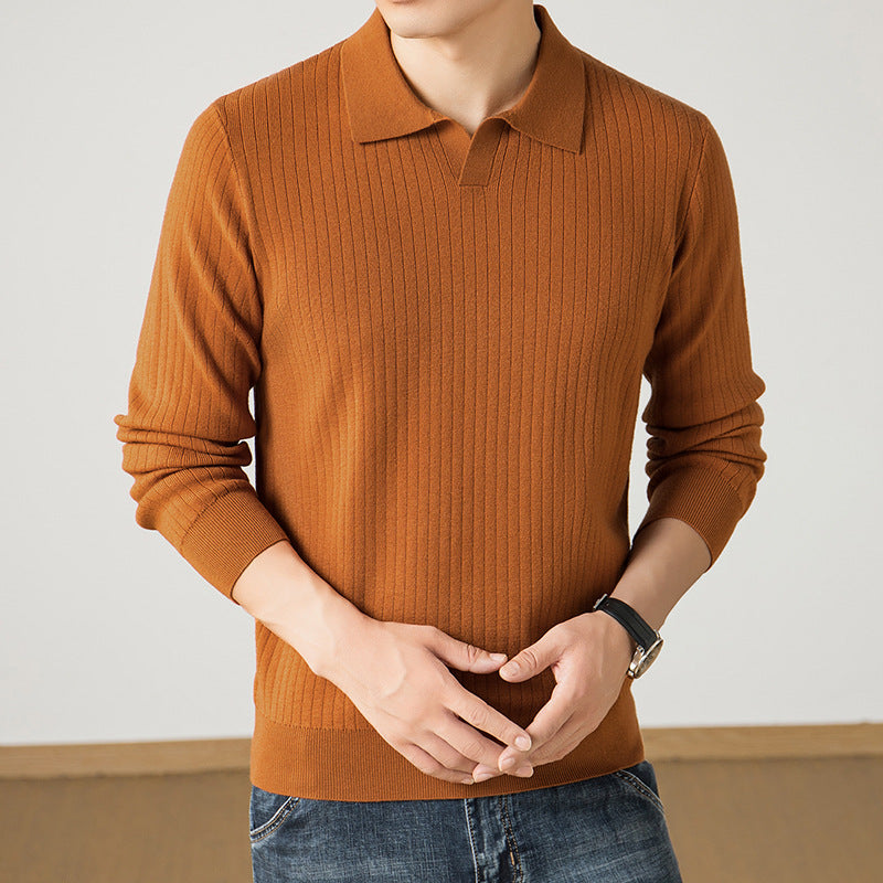 Men's polo collar fine knit sweater with ribbed texture and slim silhouette Chichicherry