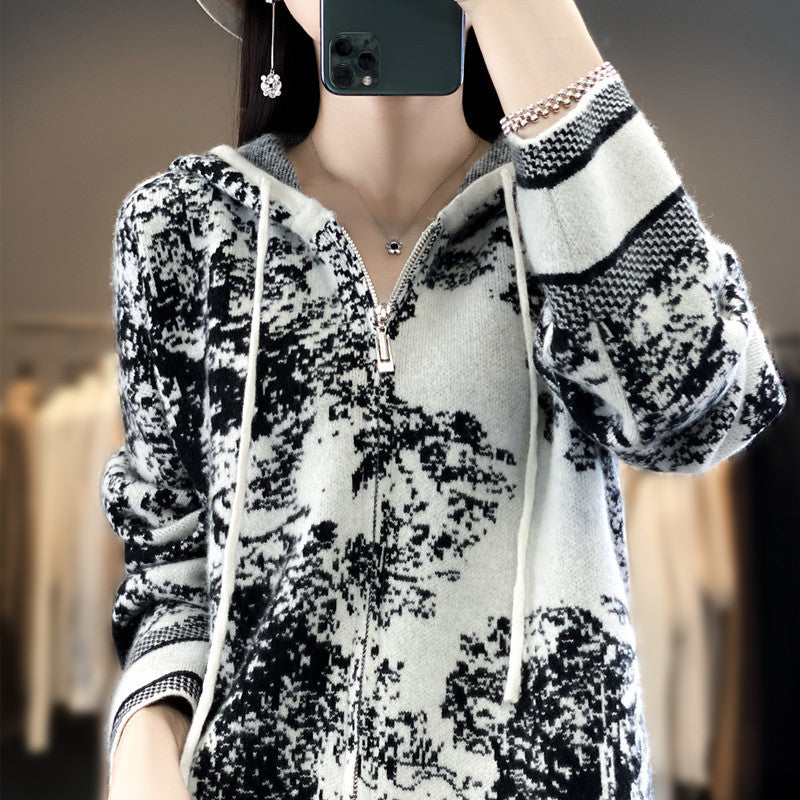 Women Oversize Jacquard Knit Jacket with Hood and Zipper Chichicherry