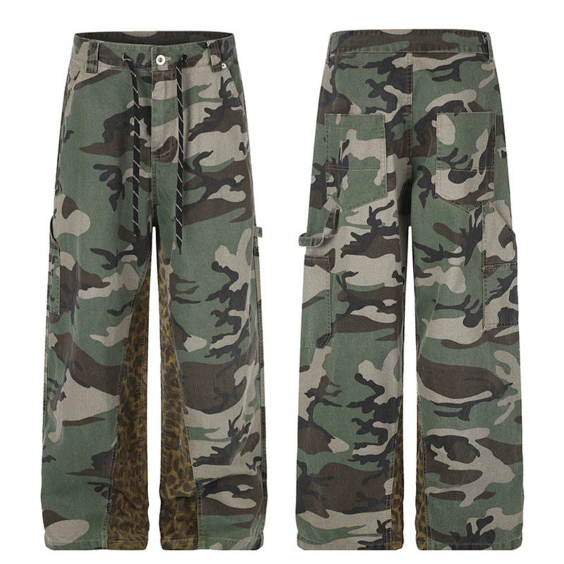 Women's wide cargo pants with camouflage print and leopard contrast stripes Chichicherry