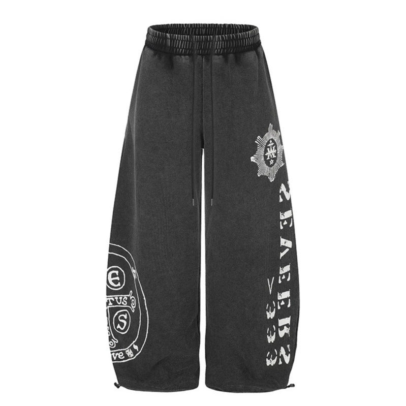 Women's Wide Mid-Calf Palazzo Sweatpants with Adjustable Hem, Drawstring Waistband, and Statement Print
