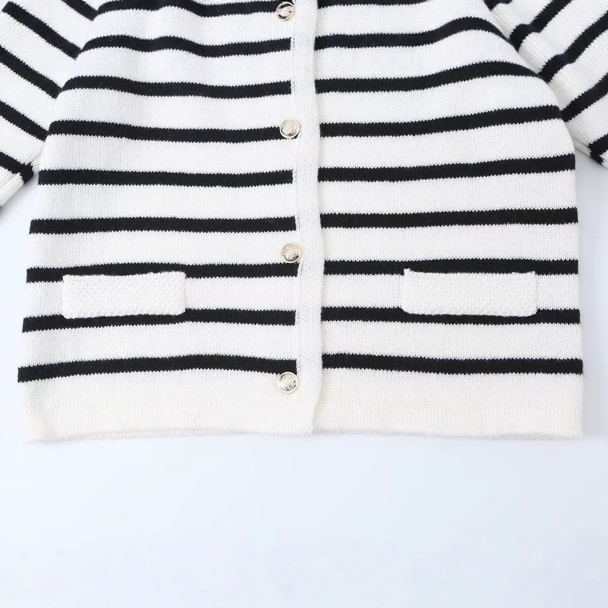 Women Striped Cardigan with Round Neck, Decorative Button Placket and Patch Pockets Chichicherry