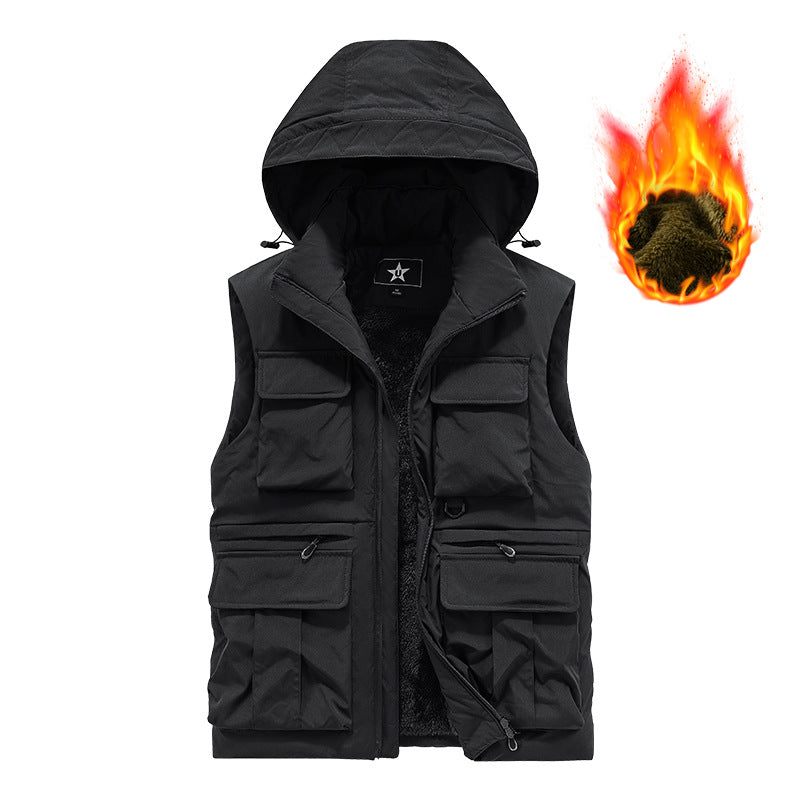 Men's Insulated Utility Vest with Hood, Teddy Lining and Multi-Functional Pockets Chichicherry