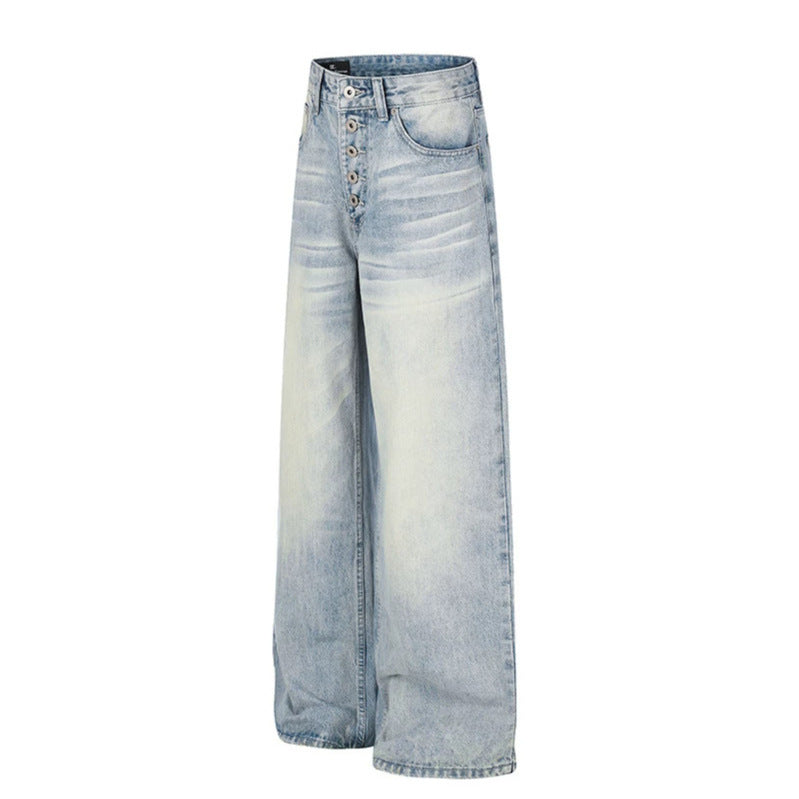 Women's High-Waist Wide Denim Palazzo Jeans with Button Fly and Used Wash Chichicherry