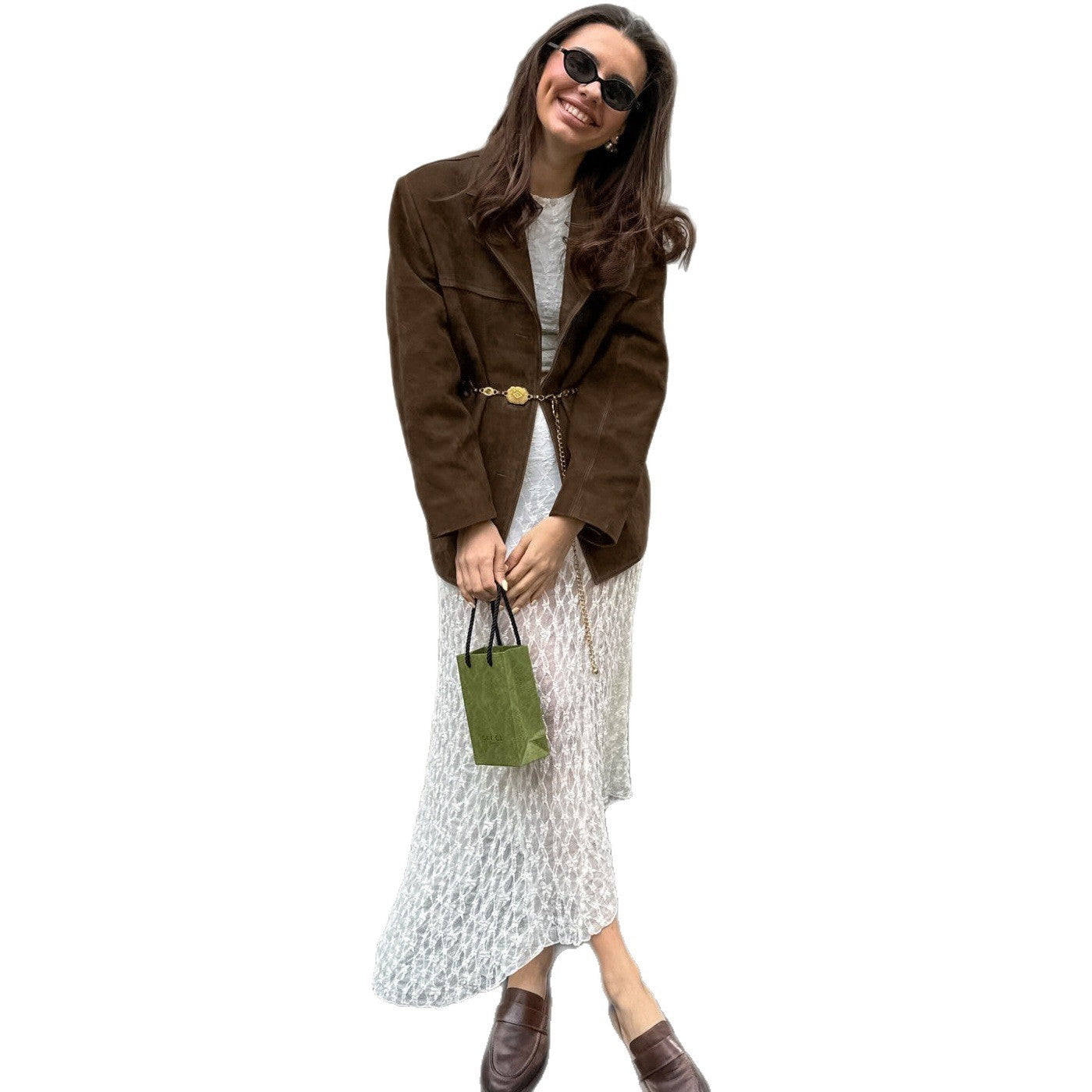 Women Oversized Suede Blazer with Lapels and Flap Pockets Chichicherry