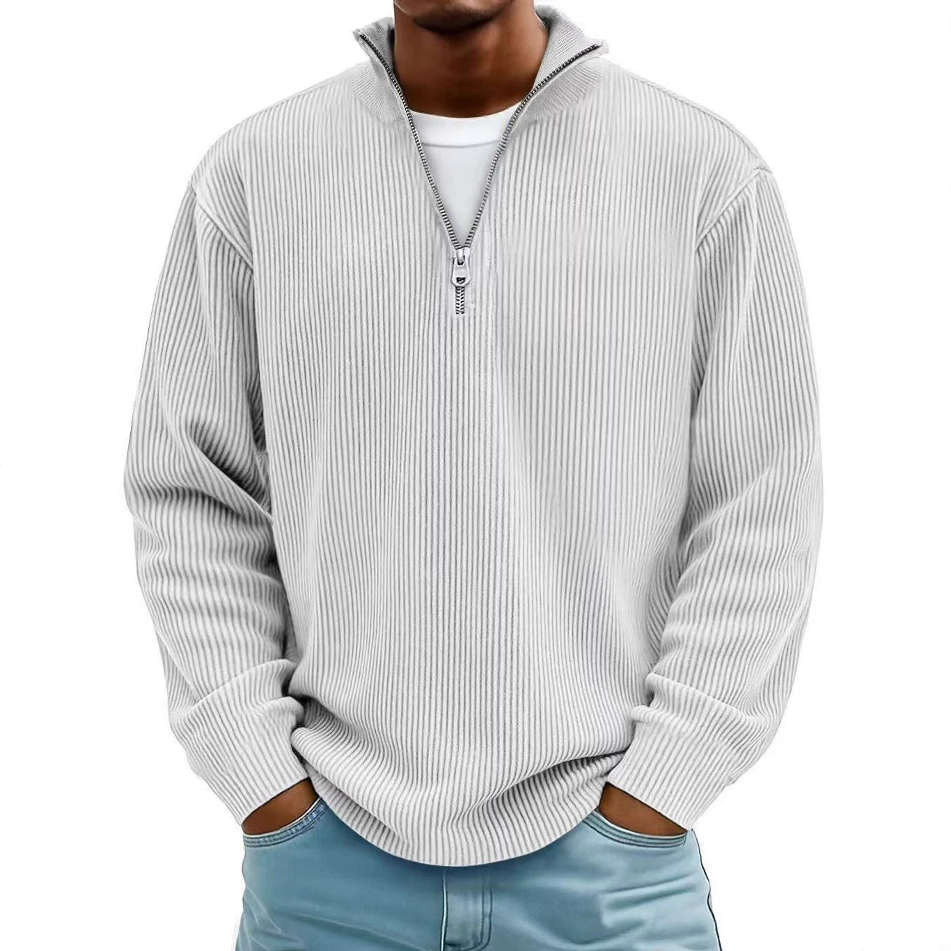 Men's Ribbed Half-Zip Knit Sweater with Stand Collar and Relaxed Fit Chichicherry