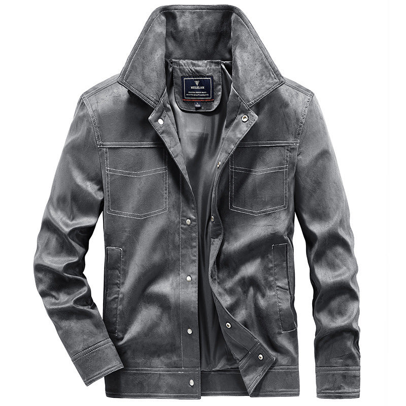 Men's Canvas Work Jacket with distinctive contrast stitching, high collar, and snap button closure Chichicherry