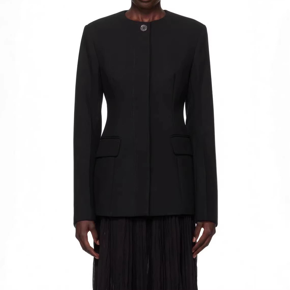Women's tailored single-breasted blazer with round neck, concealed button placket and flap pockets Chichicherry