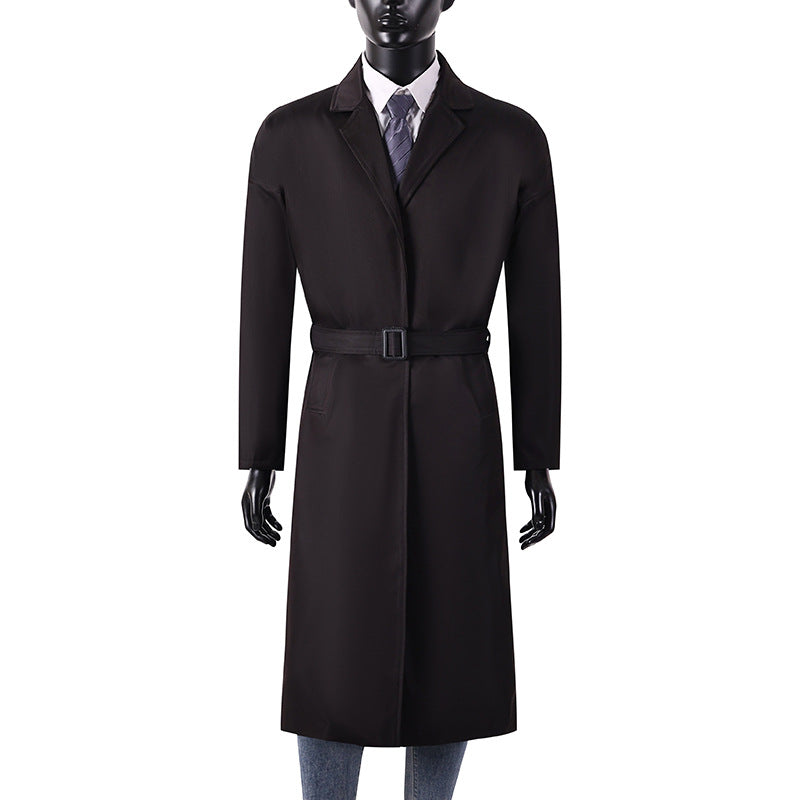 Men's Long Minimalist Trench Coat with Concealed Button Placket and Side Pockets Chichicherry