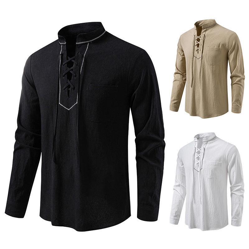 Men's Lightweight Cotton Blend Henley Shirt with Lace Placket and Stand-Up Collar Chichicherry