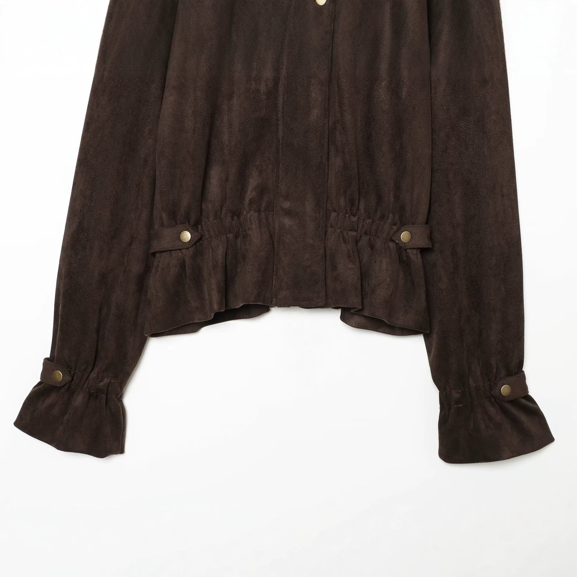 Women's short bomber-style jacket in velour look with high funnel collar and waist belt Chichicherry