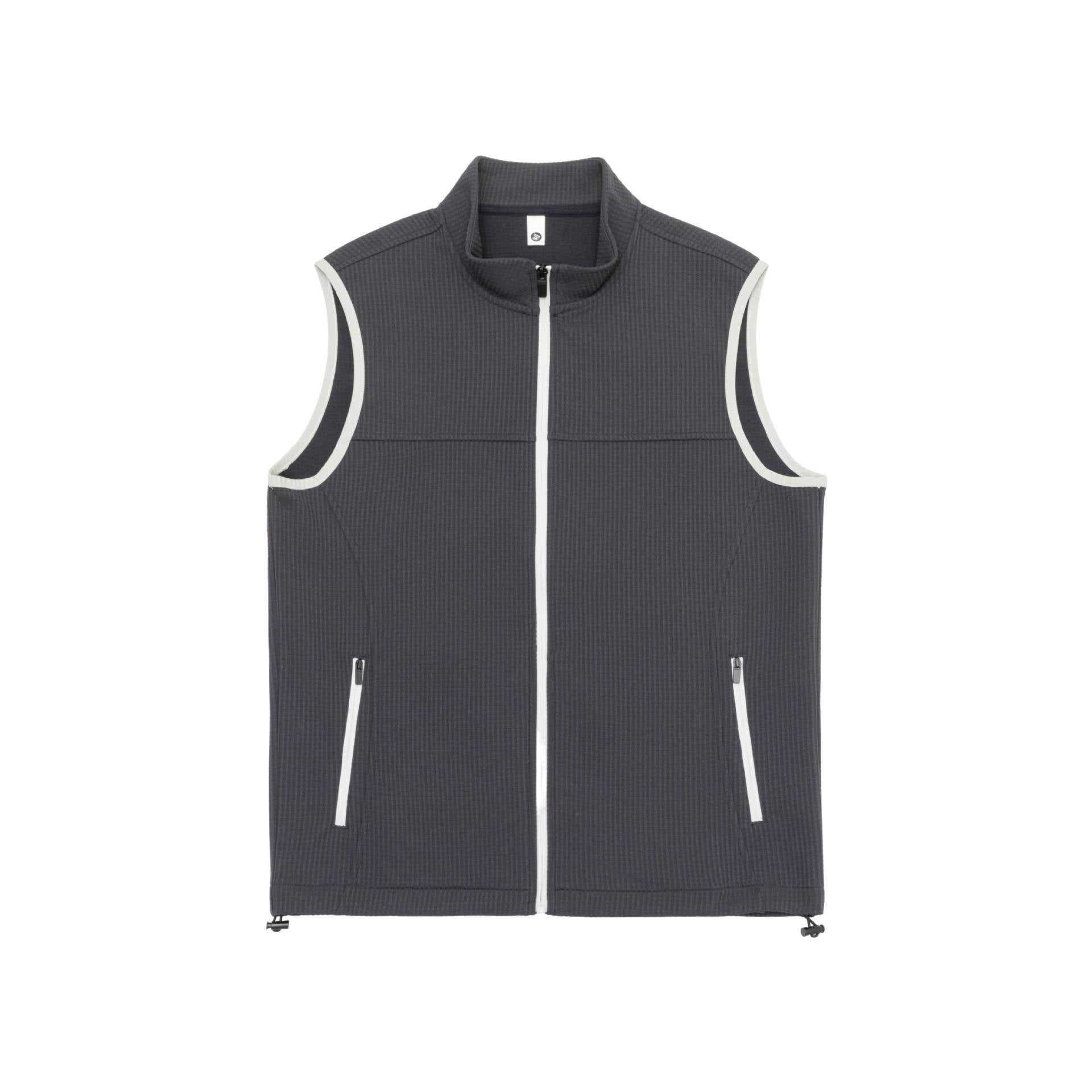 Unisex waffle-structured outdoor vest with stand-up collar, full-length zipper, and drawstring hem Chichicherry