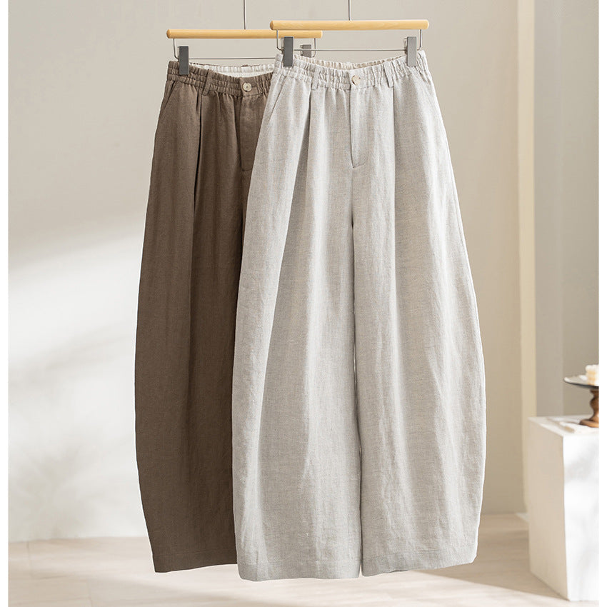 Women's Wide Linen Look Trousers with High Elastic Waistband, Pleats and Straight Leg Chichicherry