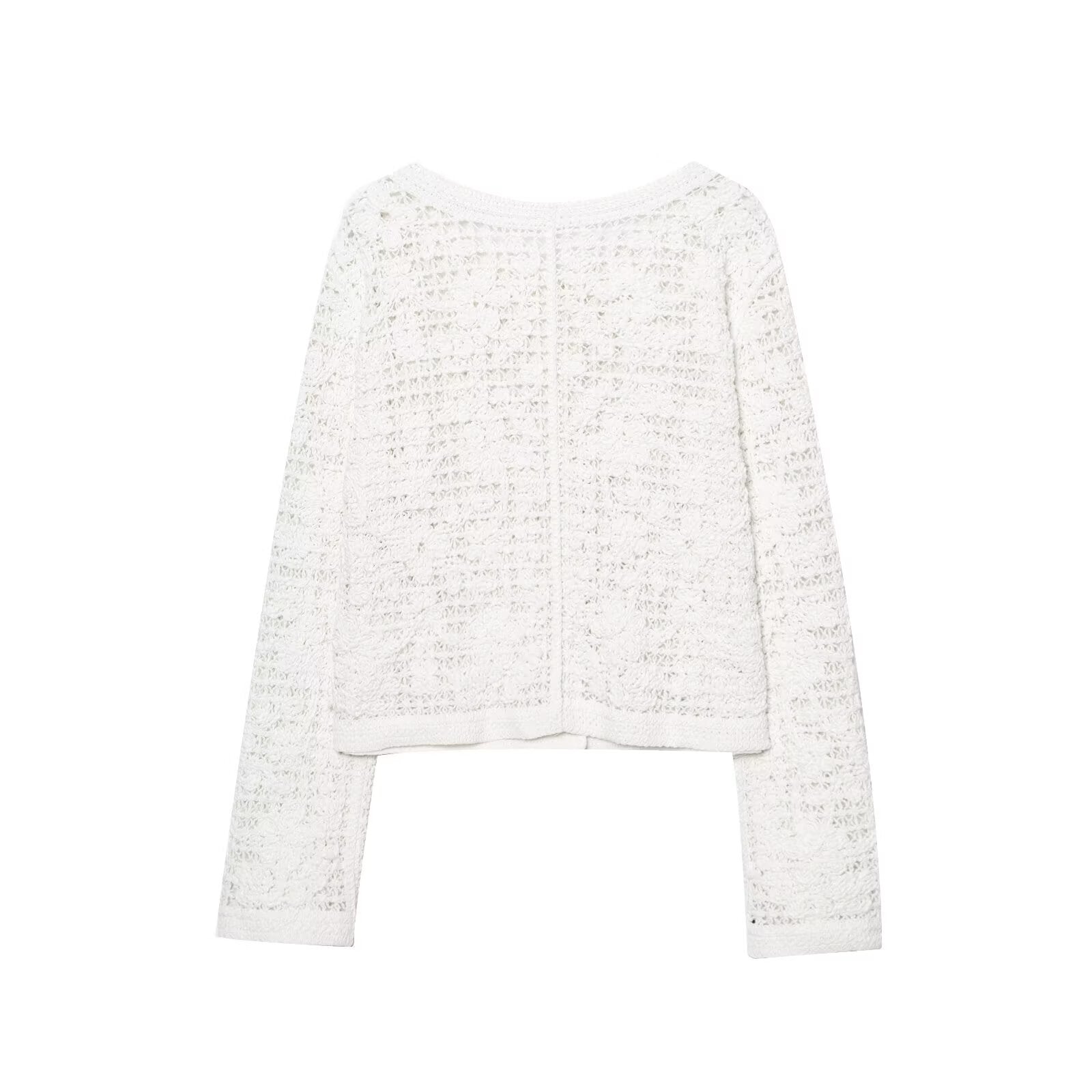 Women's Crocheted Short Jacket in Boucle Look with Decorative Buttons and Patch Pockets Chichicherry