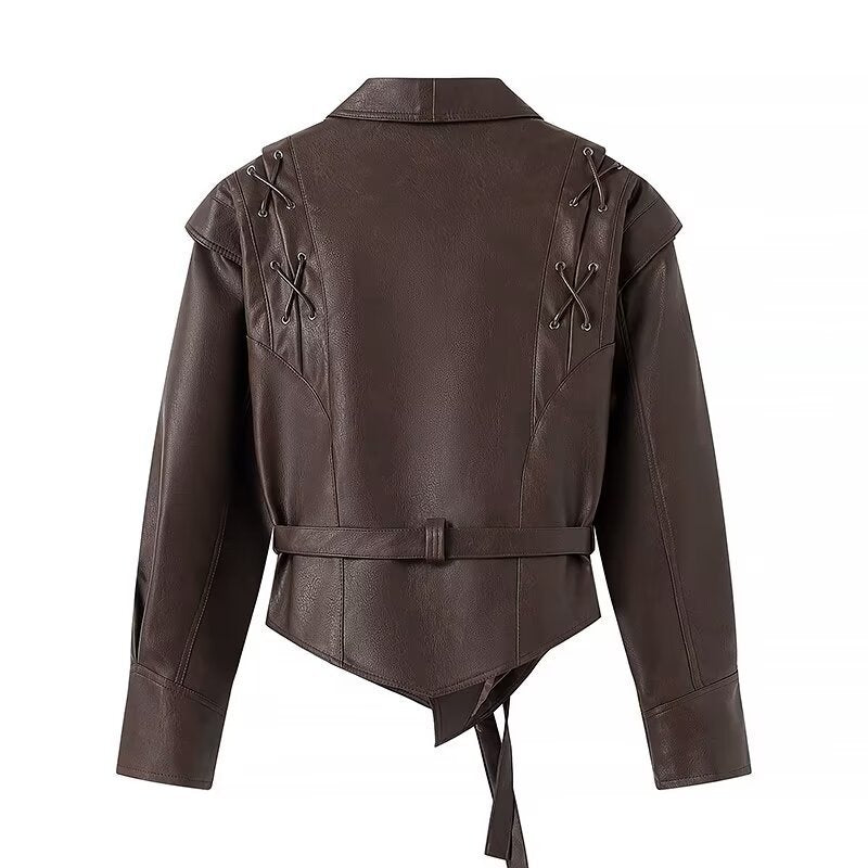 Women's Wrap Leather Jacket with Waist Belt, Emphasized Shoulder Area and Feminine Silhouette Chichicherry