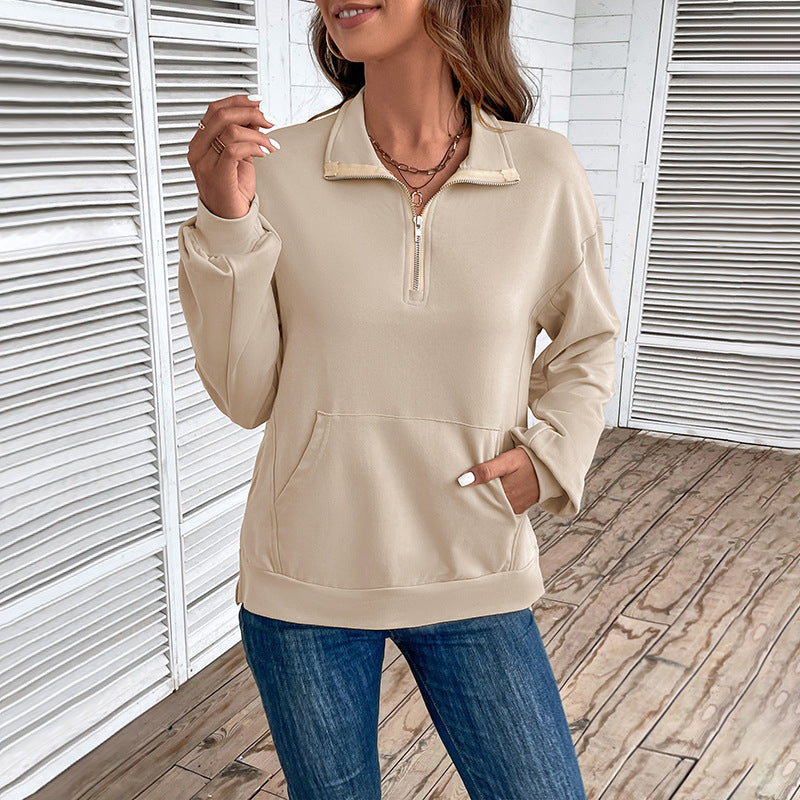 Women's Lightweight Half-Zip Sweatshirt in Relaxed Fit with Kangaroo Pocket and Stand-Up Collar Chichicherry