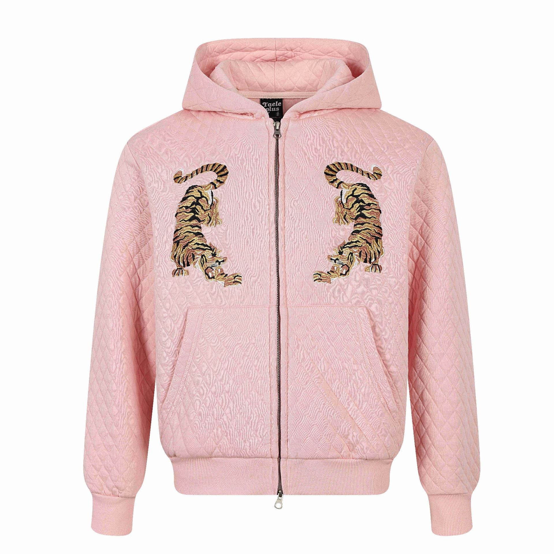 Unisex Quilted Hooded Jacket with Zipper, Kangaroo Pocket and Reflective Tiger Embroidery Chichicherry