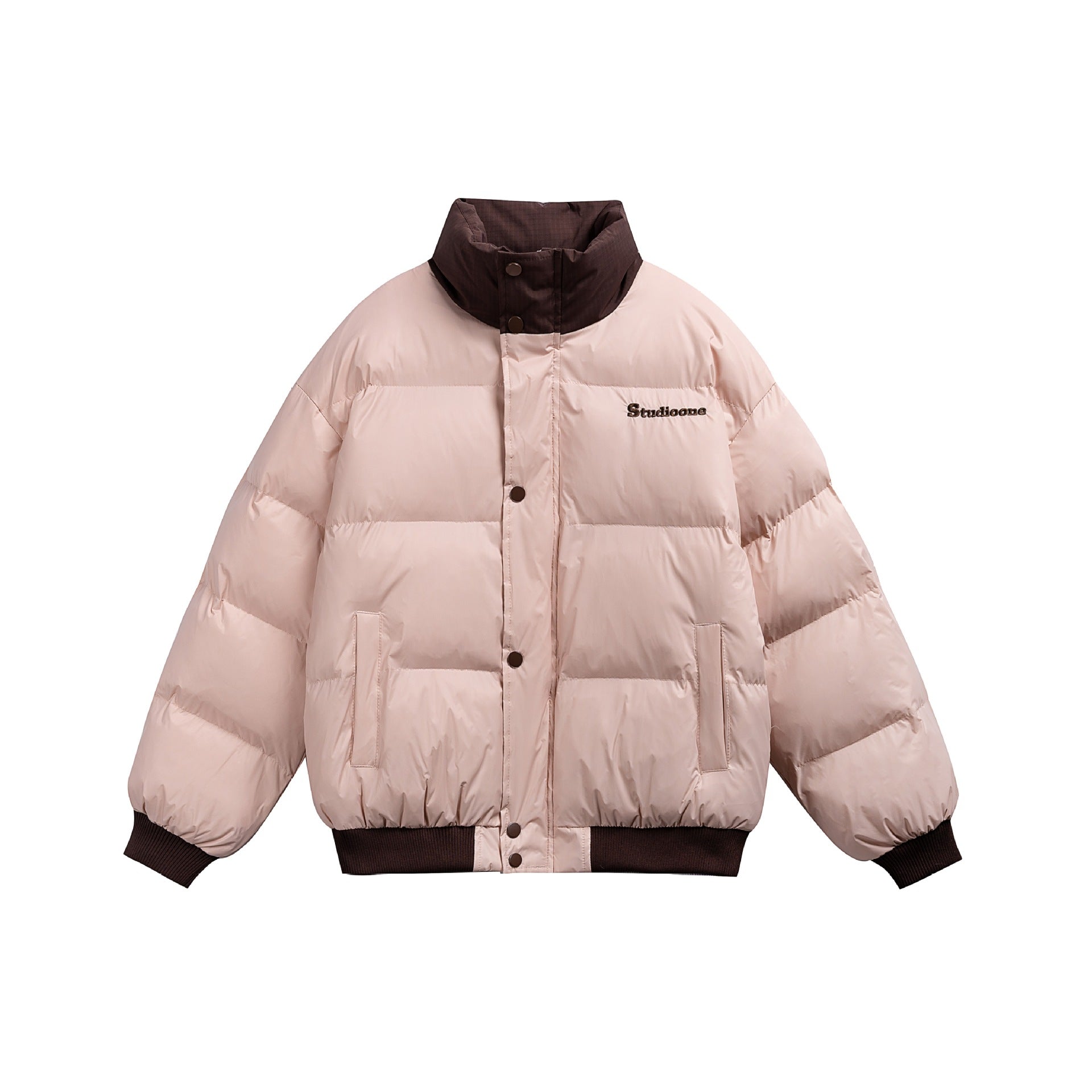 Unisex Short Cut Ultrathin Down Look Puffer with High Standing Collar and Ribbed Cuff Chichicherry