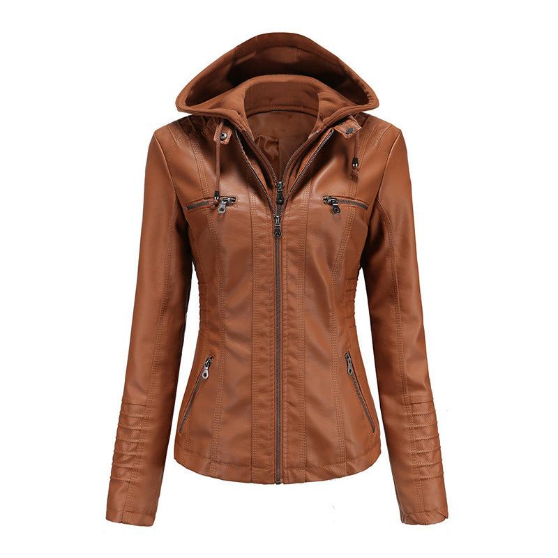 Women Tailored Faux Leather Jacket with Removable Hood and Zipper Chichicherry