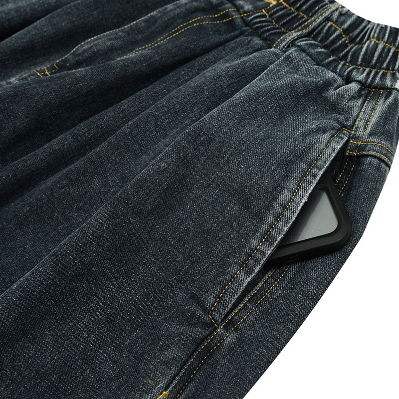 Ladies Wide Denim Pants with Pleats, Elastic Waistband and Casual Silhouette Chichicherry